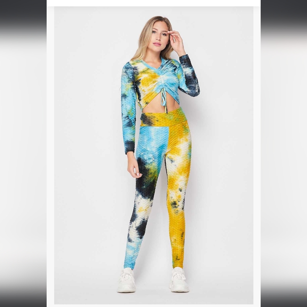 SHORT SLEEVE 2 piece ruched colorful tie dye crop top tik Tok leggings set